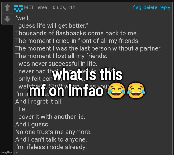 insanity | what is this mf on lmfao 😂😂 | image tagged in insanity | made w/ Imgflip meme maker