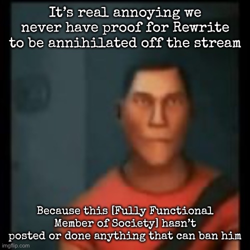 Disappointed Scout | It’s real annoying we never have proof for Rewrite to be annihilated off the stream; Because this [Fully Functional Member of Society] hasn’t posted or done anything that can ban him | image tagged in disappointed scout,msmg | made w/ Imgflip meme maker