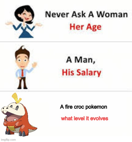 Never ask a fire croc pokemon what level it evolves | A fire croc pokemon; what level it evolves | image tagged in never ask a woman her age | made w/ Imgflip meme maker