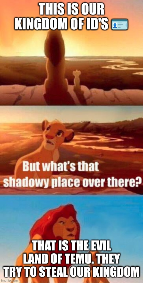 Temu meme | THIS IS OUR KINGDOM OF ID'S 🪪; THAT IS THE EVIL LAND OF TEMU. THEY TRY TO STEAL OUR KINGDOM | image tagged in lion king light touches shadowy place kek | made w/ Imgflip meme maker