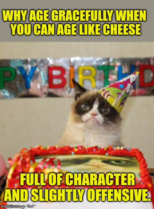 Age like cheese, not whine. | WHY AGE GRACEFULLY WHEN 
YOU CAN AGE LIKE CHEESE; FULL OF CHARACTER AND SLIGHTLY OFFENSIVE. | image tagged in memes,grumpy cat birthday,grumpy cat | made w/ Imgflip meme maker