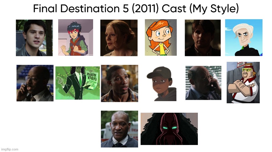 Final Destination 5 (2011) Cast (My Style) | image tagged in final destination 5 2011 cast my style,meme,memes,spoof cast,final destination 5,characters | made w/ Imgflip meme maker