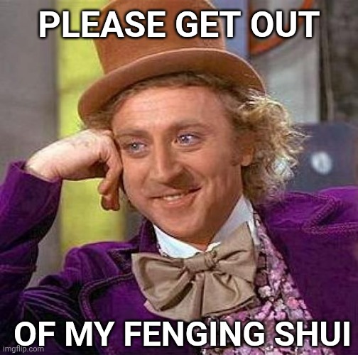 I DID IT MY FENGING SHUI | PLEASE GET OUT; OF MY FENGING SHUI | image tagged in memes,creepy condescending wonka,designer | made w/ Imgflip meme maker