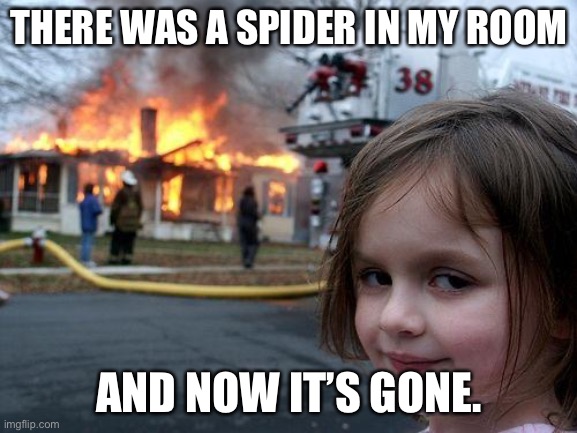 Disaster Girl Meme | THERE WAS A SPIDER IN MY ROOM; AND NOW IT’S GONE. | image tagged in memes,disaster girl | made w/ Imgflip meme maker