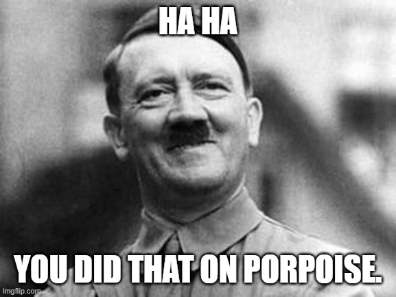adolf hitler | HA HA YOU DID THAT ON PORPOISE. | image tagged in adolf hitler | made w/ Imgflip meme maker