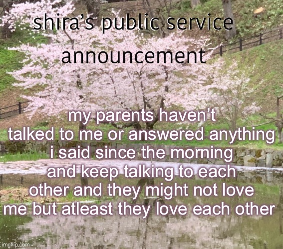 shira’s PSA | my parents haven’t talked to me or answered anything i said since the morning and keep talking to each other and they might not love me but atleast they love each other | image tagged in shira s psa | made w/ Imgflip meme maker