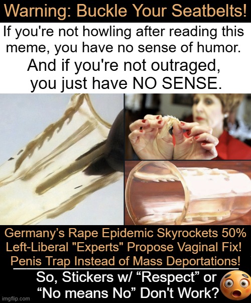 And women should avoid assaults by keeping an “arm’s length distance” from strangers... | Warning: Buckle Your Seatbelts! If you're not howling after reading this 
meme, you have no sense of humor. And if you're not outraged, 
you just have NO SENSE. Germany’s Rape Epidemic Skyrockets 50%
Left-Liberal "Experts" Propose Vaginal Fix! 
Penis Trap Instead of Mass Deportations! _________________; So, Stickers w/ “Respect” or 
“No means No” Don't Work? | image tagged in common sense,nonsense,makes sense,germany,deportation,you can't fix stupid | made w/ Imgflip meme maker