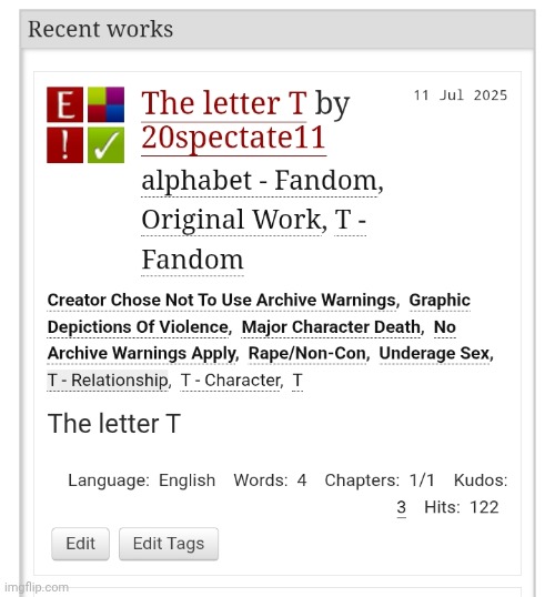 So i made this fic on ao3 and i put the funny tags so people would click it, and it worked | image tagged in ao3 | made w/ Imgflip meme maker