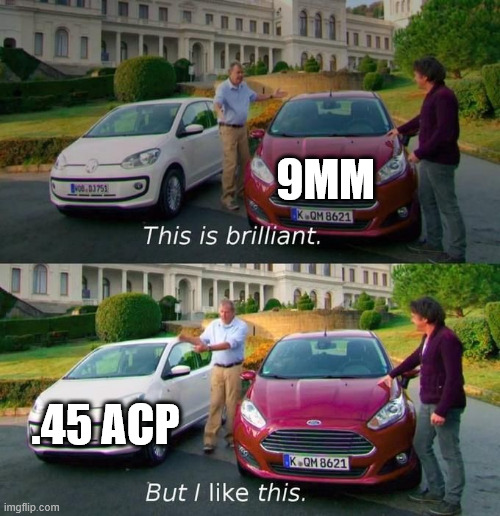 What do you think? | 9MM; .45 ACP | image tagged in this is brilliant but i like this,guns | made w/ Imgflip meme maker