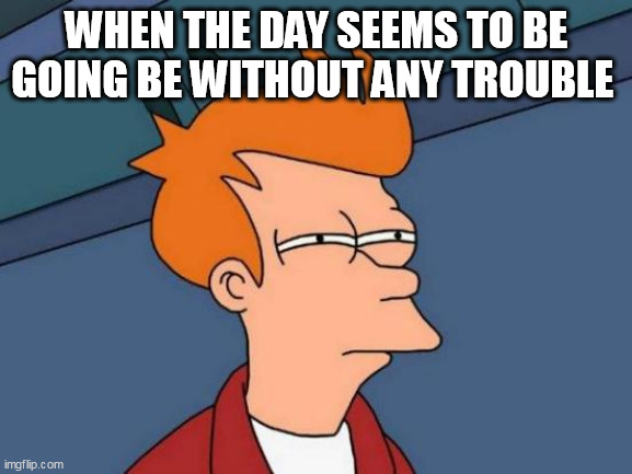 When the day seems to be going be without any trouble | WHEN THE DAY SEEMS TO BE GOING BE WITHOUT ANY TROUBLE | image tagged in memes,futurama fry,funny,trouble,day | made w/ Imgflip meme maker