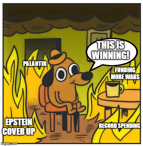 How can trump administration call this winning, he has put deep state hacks working within his cabinet. | THIS IS WINNING! PALANTIR; FUNDING MORE WARS; EPSTEIN COVER UP; RECORD SPENDING | image tagged in this is fine single panel,jeffrey epstein,surveillance,spending | made w/ Imgflip meme maker