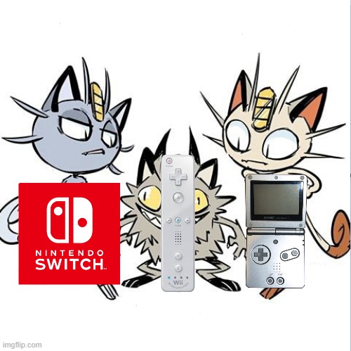 Wii will never fitt in | image tagged in meowth alola and galar,pokemon,nintendo | made w/ Imgflip meme maker