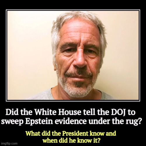 It's the Old Republican Cover Up. | Did the White House tell the DOJ to 
sweep Epstein evidence under the rug? | What did the President know and 
when did he know it? | image tagged in funny,demotivationals,trump,jeffrey epstein,evidence,cover up | made w/ Imgflip demotivational maker