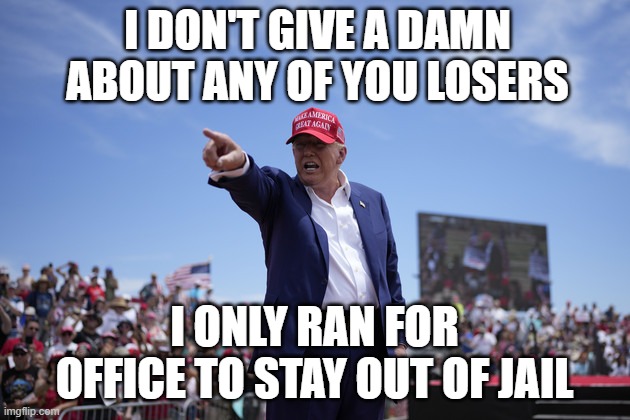 I DON'T GIVE A DAMN ABOUT ANY OF YOU LOSERS; I ONLY RAN FOR OFFICE TO STAY OUT OF JAIL | image tagged in trump,losers | made w/ Imgflip meme maker