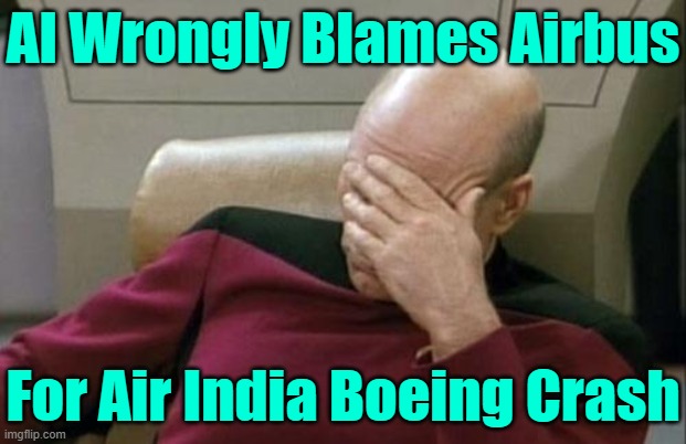 AI Wrongly Blames Airbus; For Air India Boeing Crash | AI Wrongly Blames Airbus; For Air India Boeing Crash | image tagged in memes,captain picard facepalm,artificial intelligence,plane crash,breaking news,boeing | made w/ Imgflip meme maker