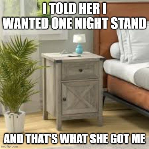 I told her I wanted a one night stand and this is what she got me  - funny - | I TOLD HER I WANTED ONE NIGHT STAND; AND THAT'S WHAT SHE GOT ME | image tagged in funny,furniture,play on words,humor,pick up lines | made w/ Imgflip meme maker