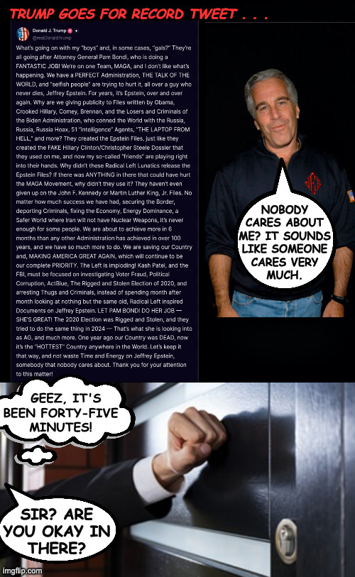 Secret Service bathroom monitor. | TRUMP GOES FOR RECORD TWEET . . . NOBODY
CARES ABOUT
ME? IT SOUNDS
LIKE SOMEONE
CARES VERY
MUCH. GEEZ, IT'S
BEEN FORTY-FIVE
MINUTES! SIR? ARE
YOU OKAY IN
THERE? | image tagged in memes,trump tweet,epstein,love story | made w/ Imgflip meme maker