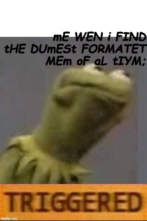 madlad 100 | mE WEN i FIND tHE DUmESt FORMATET MEm oF aL tIYM; | image tagged in kermit triggered,memes,kermit the frog,bruh,triggered,lol so funny | made w/ Imgflip meme maker