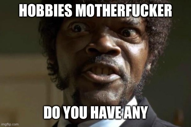 hobbies | HOBBIES MOTHERFUCKER; DO YOU HAVE ANY | image tagged in pulp fiction - jules | made w/ Imgflip meme maker