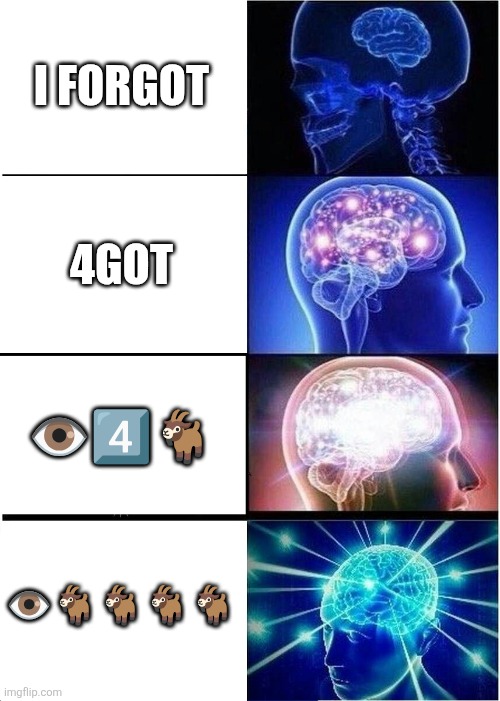 I forgot | I FORGOT; 4GOT; 👁️4️⃣🐐; 👁️🐐🐐🐐🐐 | image tagged in memes,expanding brain,i forgot | made w/ Imgflip meme maker