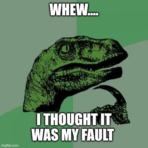 Philosoraptor Meme | WHEW.... I THOUGHT IT WAS MY FAULT | image tagged in memes,philosoraptor | made w/ Imgflip meme maker