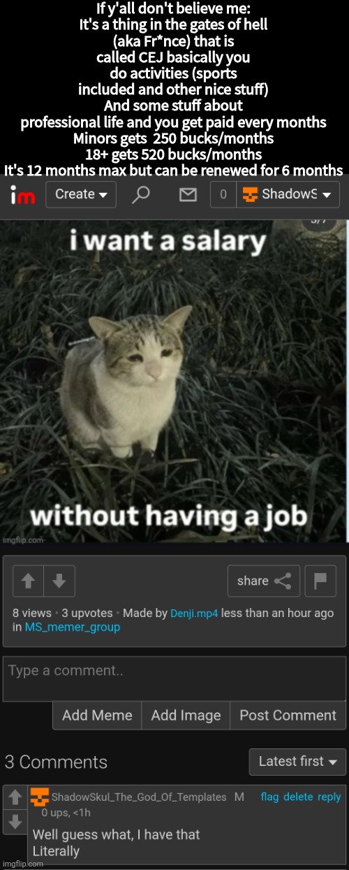 And since some months I didn't went to anything cuz got traumatized by smt and I still get paid | If y'all don't believe me:

It's a thing in the gates of hell (aka Fr*nce) that is called CEJ basically you do activities (sports included and other nice stuff)
And some stuff about professional life and you get paid every months

Minors gets  250 bucks/months
18+ gets 520 bucks/months

It's 12 months max but can be renewed for 6 months | made w/ Imgflip meme maker