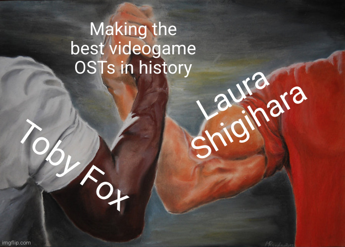 Toby and Laura are goated fr | Making the best videogame OSTs in history; Laura Shigihara; Toby Fox | image tagged in memes,epic handshake,undertale,deltarune,pvz,plants vs zombies | made w/ Imgflip meme maker