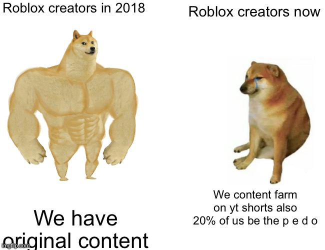 Buff Doge vs. Cheems Meme | Roblox creators in 2018; Roblox creators now; We content farm on yt shorts also 20% of us be the p e d o; We have original content | image tagged in memes,buff doge vs cheems | made w/ Imgflip meme maker