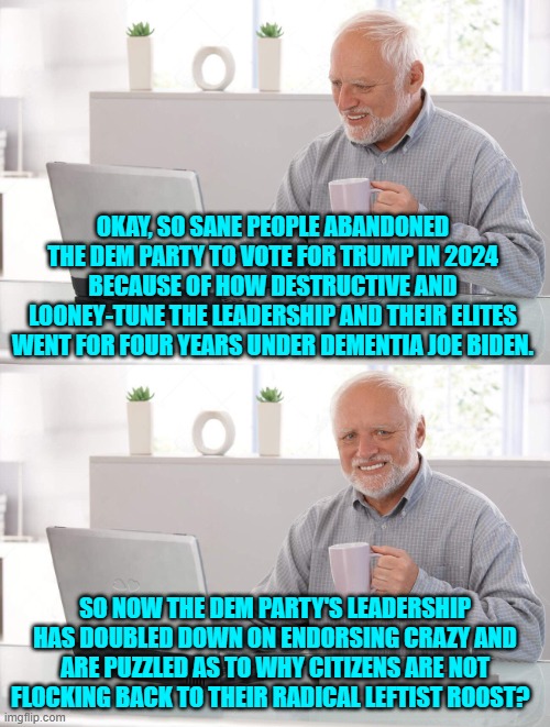 How hard can it be to figure this out?  Stop endorsing and promoting radical leftism. | OKAY, SO SANE PEOPLE ABANDONED THE DEM PARTY TO VOTE FOR TRUMP IN 2024 BECAUSE OF HOW DESTRUCTIVE AND LOONEY-TUNE THE LEADERSHIP AND THEIR ELITES WENT FOR FOUR YEARS UNDER DEMENTIA JOE BIDEN. SO NOW THE DEM PARTY'S LEADERSHIP HAS DOUBLED DOWN ON ENDORSING CRAZY AND ARE PUZZLED AS TO WHY CITIZENS ARE NOT FLOCKING BACK TO THEIR RADICAL LEFTIST ROOST? | image tagged in old man cup of coffee | made w/ Imgflip meme maker