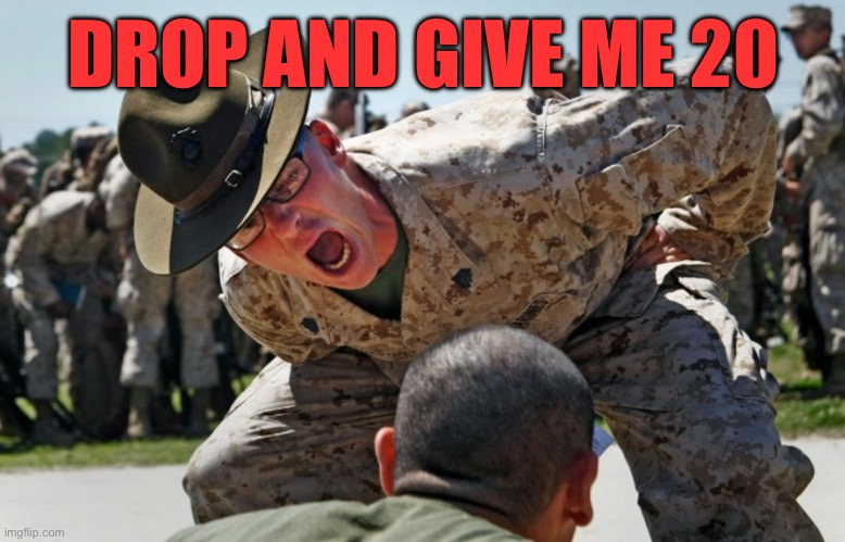 drill sargeant | DROP AND GIVE ME 20 | image tagged in drill sargeant | made w/ Imgflip meme maker