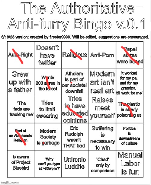 The Authoritative Anti-Furry Bingo v.0.1 | image tagged in the authoritative anti-furry bingo v 0 1 | made w/ Imgflip meme maker