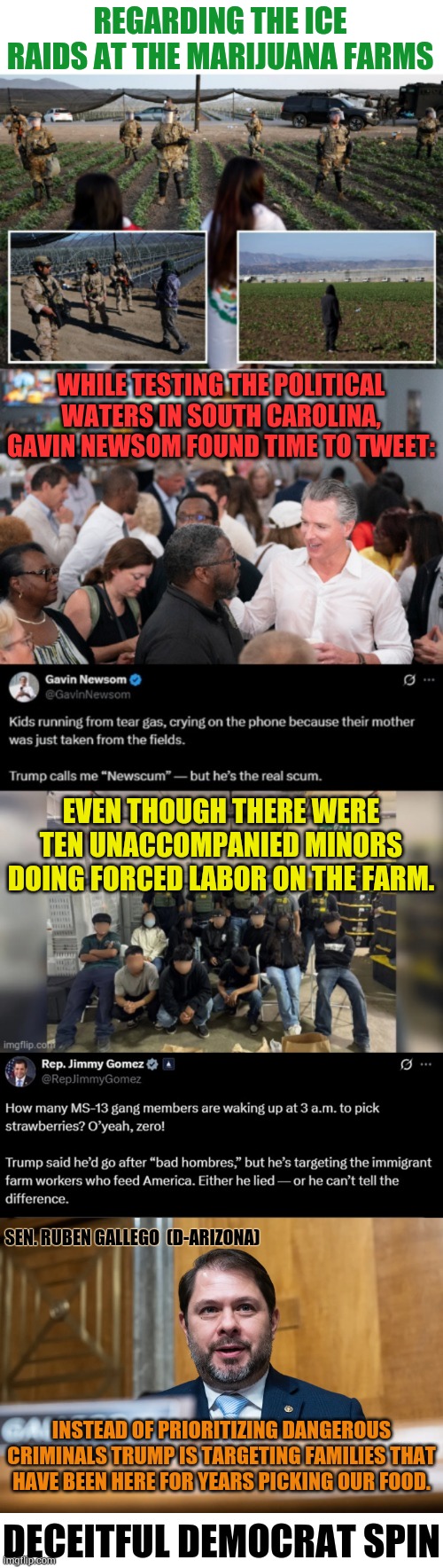 Deceitful Democrat Spin | REGARDING THE ICE RAIDS AT THE MARIJUANA FARMS; WHILE TESTING THE POLITICAL WATERS IN SOUTH CAROLINA, GAVIN NEWSOM FOUND TIME TO TWEET:; EVEN THOUGH THERE WERE TEN UNACCOMPANIED MINORS DOING FORCED LABOR ON THE FARM. SEN. RUBEN GALLEGO  (D-ARIZONA); INSTEAD OF PRIORITIZING DANGEROUS CRIMINALS TRUMP IS TARGETING FAMILIES THAT HAVE BEEN HERE FOR YEARS PICKING OUR FOOD. DECEITFUL DEMOCRAT SPIN | image tagged in memes,politics,democrat,lies,ice,raid | made w/ Imgflip meme maker