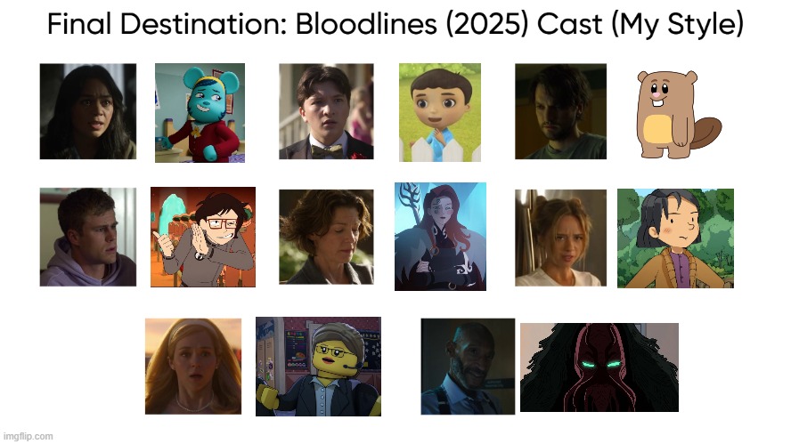 Final Destination: Bloodlines (2025) Cast (My Style) | image tagged in final destination bloodlines 2025 cast my style,meme,memes,spoof cast,final destination bloodlines,characters | made w/ Imgflip meme maker