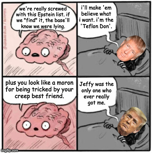 Sleeping alone gives you more time to reflect. | i'll make 'em
believe what
i want. i'm the
'Teflon Don'. we're really screwed
with this Epstein list. if
we "find" it, the base'll
know we were lying. plus you look like a moron
for being tricked by your
creep best friend. Jeffy was the
only one who
ever really
got me. | image tagged in brain before sleep,memes,trump epstein | made w/ Imgflip meme maker