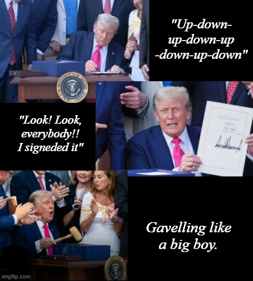 "Precious Moments" *OR* "Li'l Donny's Ever So Busy Day" | "Up-down-
up-down-up
-down-up-down"; "Look! Look,
everybody!!
I signeded it"; Gavelling like
a big boy. | image tagged in donny john's ever so busy day,donald trump is an idiot | made w/ Imgflip meme maker