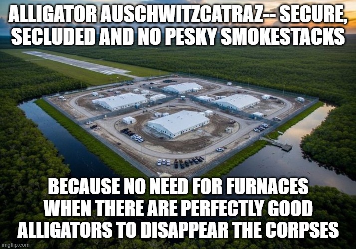 Hyperbolic? Perhaps. Or is it? | ALLIGATOR AUSCHWITZCATRAZ-- SECURE,
SECLUDED AND NO PESKY SMOKESTACKS; BECAUSE NO NEED FOR FURNACES
WHEN THERE ARE PERFECTLY GOOD
ALLIGATORS TO DISAPPEAR THE CORPSES | image tagged in alligator auschwitz,concentration camp | made w/ Imgflip meme maker