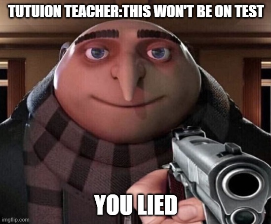 Gru Gun | TUTUION TEACHER:THIS WON'T BE ON TEST; YOU LIED | image tagged in gru gun | made w/ Imgflip meme maker