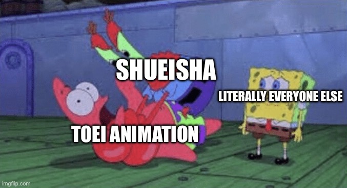 Dragon Ball’s Current Situation | SHUEISHA; LITERALLY EVERYONE ELSE; TOEI ANIMATION | image tagged in mr krabs choking patrick,dragon ball,dragon ball super,memes,manga,hiatus | made w/ Imgflip meme maker