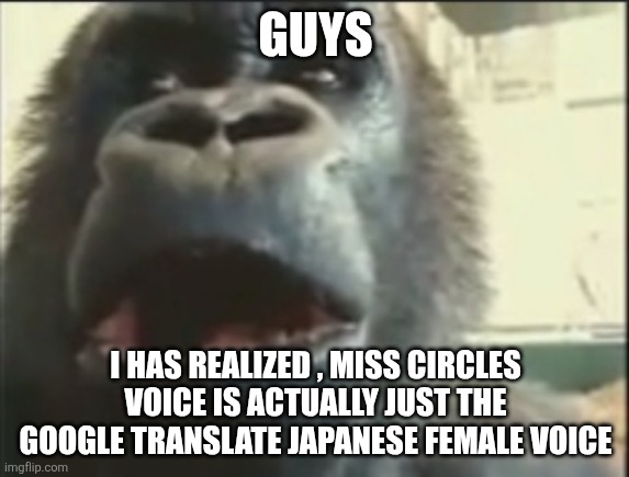 I hqs realizing | GUYS; I HAS REALIZED , MISS CIRCLES VOICE IS ACTUALLY JUST THE GOOGLE TRANSLATE JAPANESE FEMALE VOICE | image tagged in shocked monkey | made w/ Imgflip meme maker