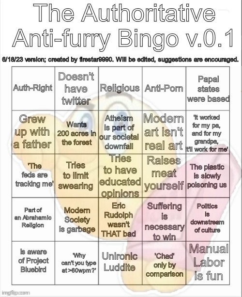 The Authoritative Anti-Furry Bingo v.0.1 | image tagged in the authoritative anti-furry bingo v 0 1 | made w/ Imgflip meme maker