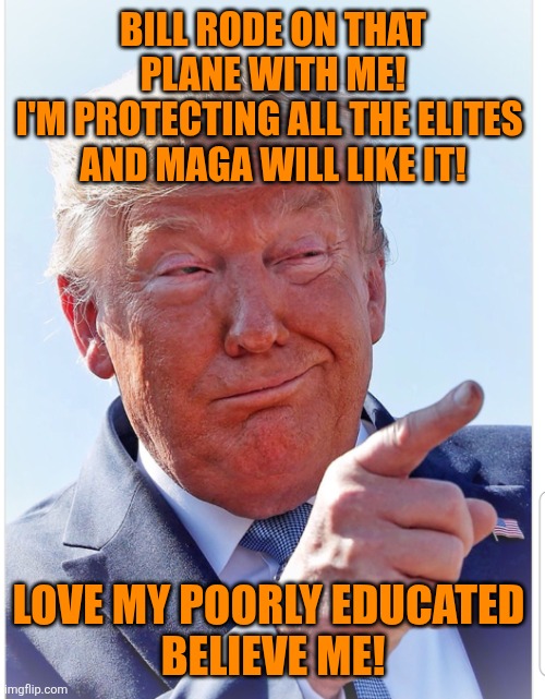 Trump pointing | BILL RODE ON THAT PLANE WITH ME!
I'M PROTECTING ALL THE ELITES 
AND MAGA WILL LIKE IT! LOVE MY POORLY EDUCATED 
BELIEVE ME! | image tagged in trump pointing | made w/ Imgflip meme maker