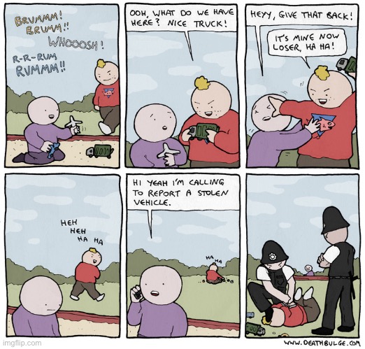 Deathbulge | image tagged in comics,deathbulge,stolen car,police | made w/ Imgflip meme maker