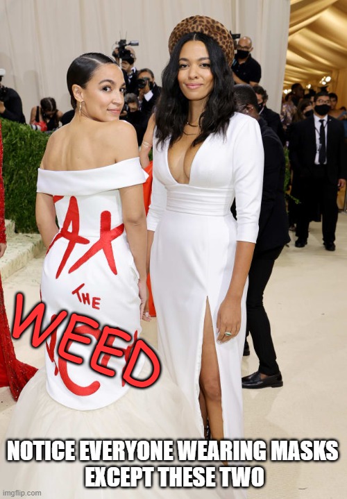 Alexandria Ocasio-Cortez AOC  Met Gala | NOTICE EVERYONE WEARING MASKS
 EXCEPT THESE TWO WEED | image tagged in alexandria ocasio-cortez aoc met gala | made w/ Imgflip meme maker