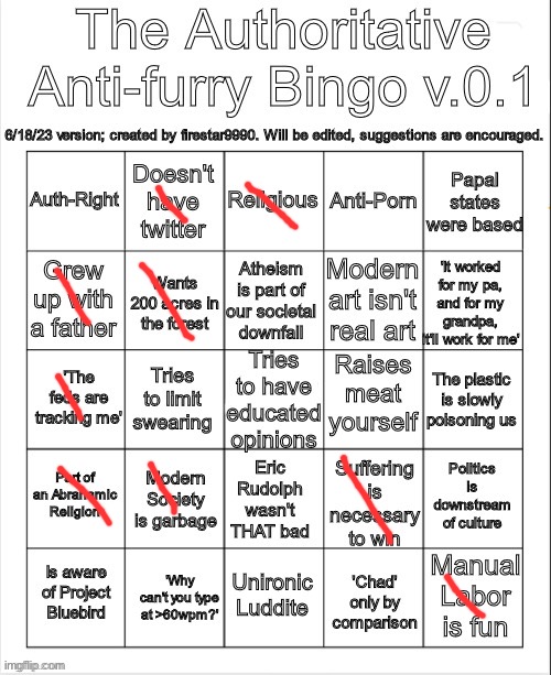 “Tries”? | image tagged in the authoritative anti-furry bingo v 0 1 | made w/ Imgflip meme maker