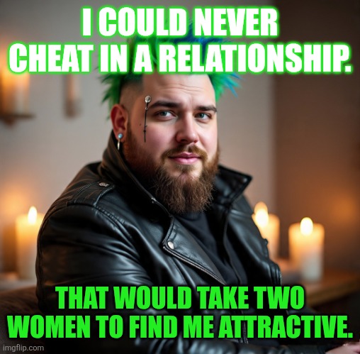 Relationships | I COULD NEVER CHEAT IN A RELATIONSHIP. THAT WOULD TAKE TWO WOMEN TO FIND ME ATTRACTIVE. | image tagged in relationship | made w/ Imgflip meme maker