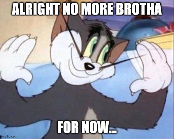 ALRIGHT NO MORE BROTHA; FOR NOW... | image tagged in tom and jerry | made w/ Imgflip meme maker