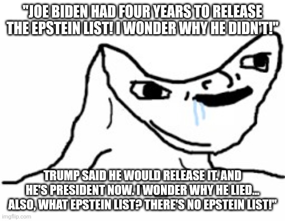 "Epstein? Who's Epstein??" | "JOE BIDEN HAD FOUR YEARS TO RELEASE THE EPSTEIN LIST! I WONDER WHY HE DIDN'T!"; TRUMP SAID HE WOULD RELEASE IT. AND HE'S PRESIDENT NOW. I WONDER WHY HE LIED... ALSO, WHAT EPSTEIN LIST? THERE'S NO EPSTEIN LIST!" | image tagged in drooling brainless idiot | made w/ Imgflip meme maker