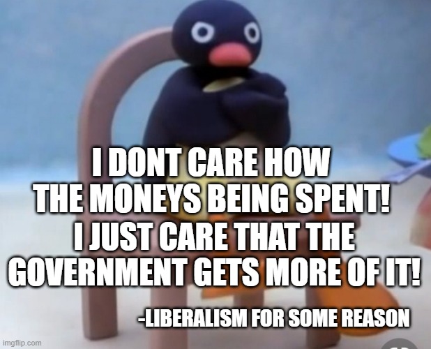 Angry pingu | I DONT CARE HOW THE MONEYS BEING SPENT! I JUST CARE THAT THE GOVERNMENT GETS MORE OF IT! -LIBERALISM FOR SOME REASON | image tagged in angry pingu | made w/ Imgflip meme maker