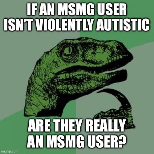 Philosoraptor Meme | IF AN MSMG USER ISN’T VIOLENTLY AUTISTIC ARE THEY REALLY AN MSMG USER? | image tagged in memes,philosoraptor | made w/ Imgflip meme maker