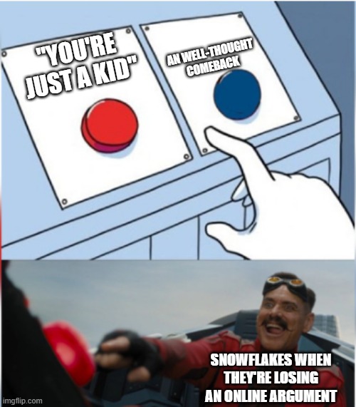 this happens alot | AN WELL-THOUGHT COMEBACK; "YOU'RE JUST A KID"; SNOWFLAKES WHEN THEY'RE LOSING AN ONLINE ARGUMENT | image tagged in robotnik pressing red button | made w/ Imgflip meme maker